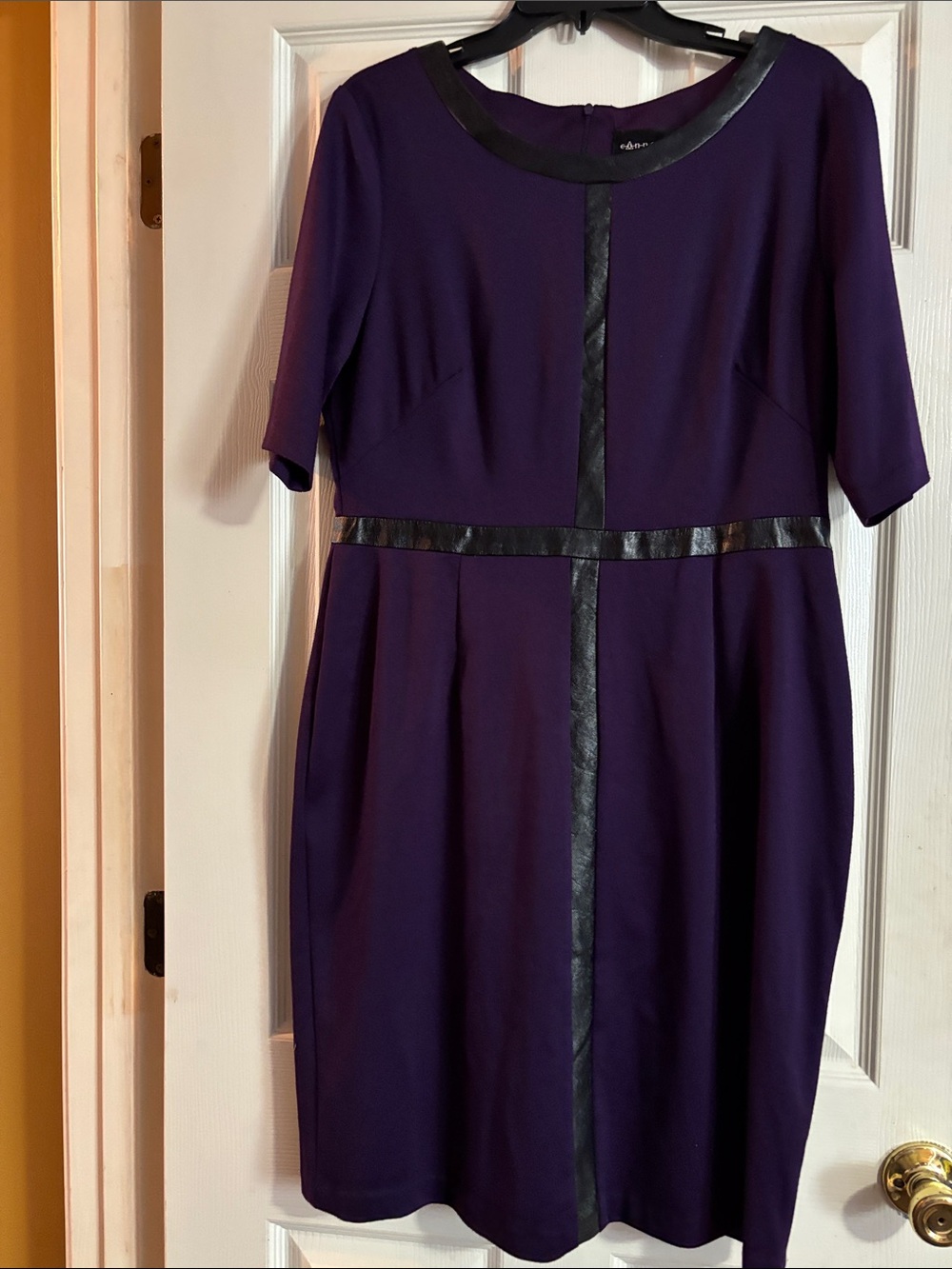 connected apparel Purple Midi Dress with Black Faux-Leather Trim